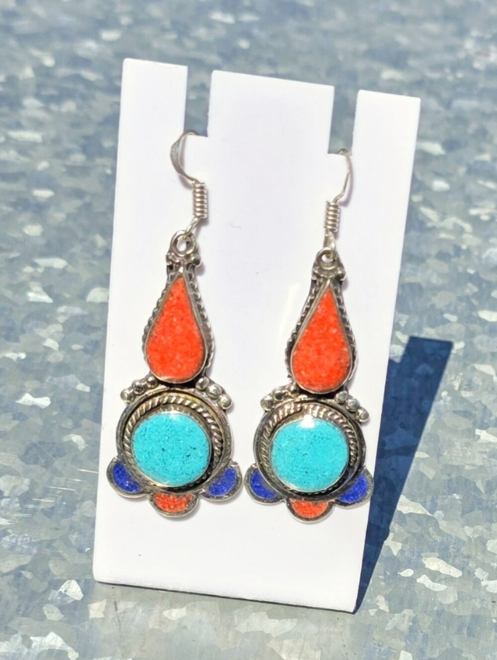 Tibetan Dangle Earrings With Turquoise, Lapis Lazuli, & Red Coral (2.25")